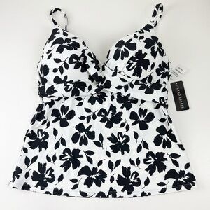 Island Escape Tankini Bikini Top Womens 14 Black White Floral Underwire NWT